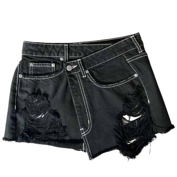 Carmar Los Angeles asymmetrical distressed Jean mini skirt black size 24 - Picture 1 of 11